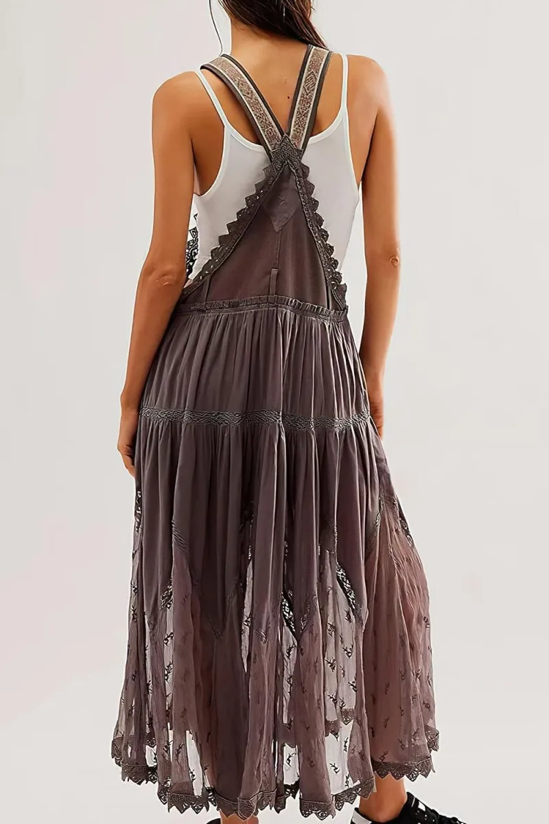 Chouyatou Women's Laced Embroidered Tulle Bib Dress Casual Loose Adjustable Straps Maxi Dress