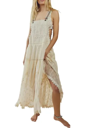 Chouyatou Women's Laced Embroidered Tulle Bib Dress Casual Loose Adjustable Straps Maxi Dress