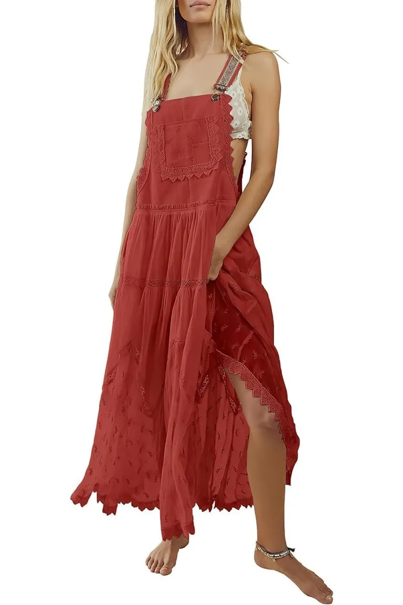 Chouyatou Women's Laced Embroidered Tulle Bib Dress Casual Loose Adjustable Straps Maxi Dress