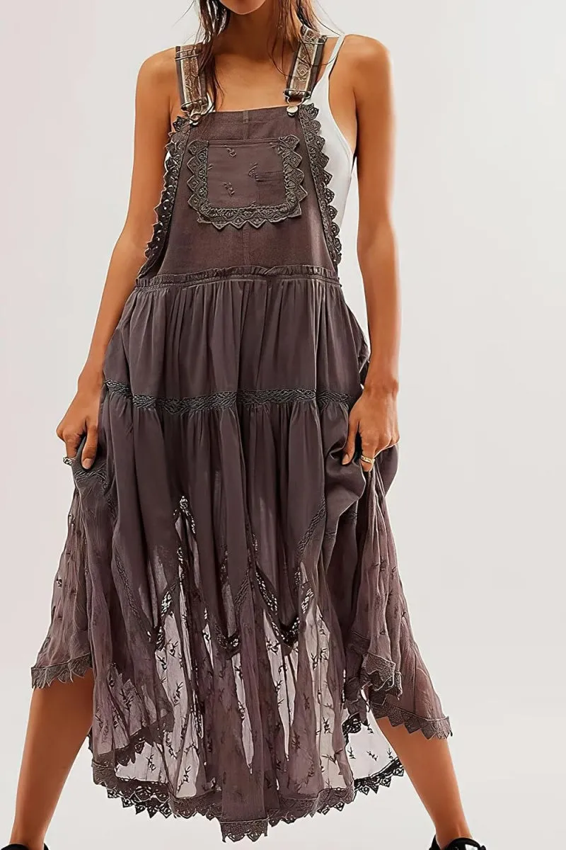 Chouyatou Women's Laced Embroidered Tulle Bib Dress Casual Loose Adjustable Straps Maxi Dress