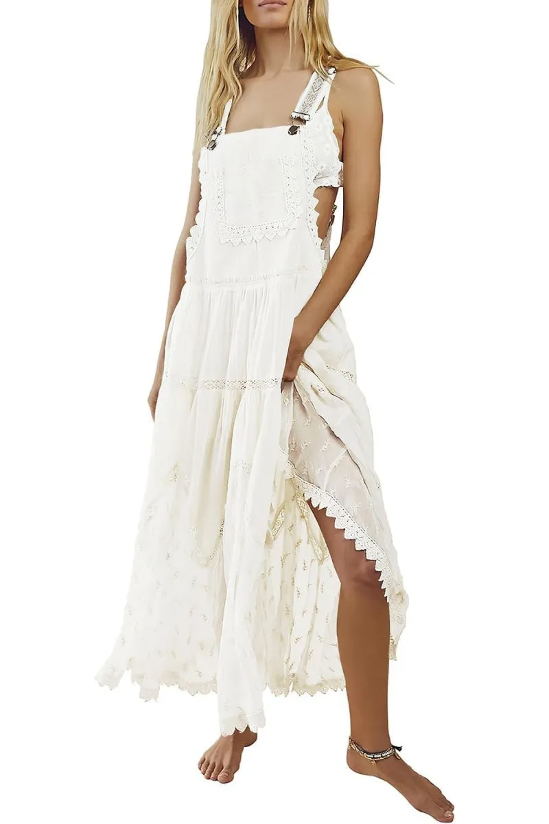Chouyatou Women's Laced Embroidered Tulle Bib Dress Casual Loose Adjustable Straps Maxi Dress