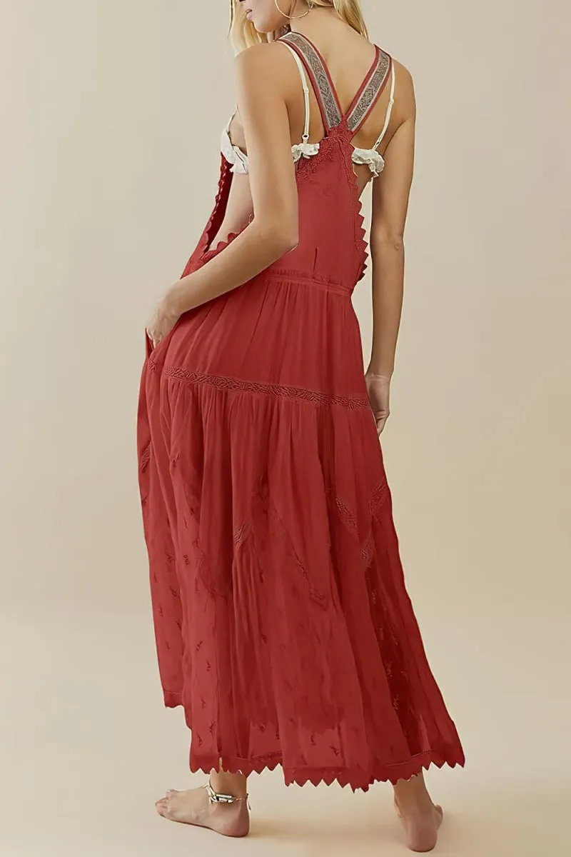 Chouyatou Women's Laced Embroidered Tulle Bib Dress Casual Loose Adjustable Straps Maxi Dress