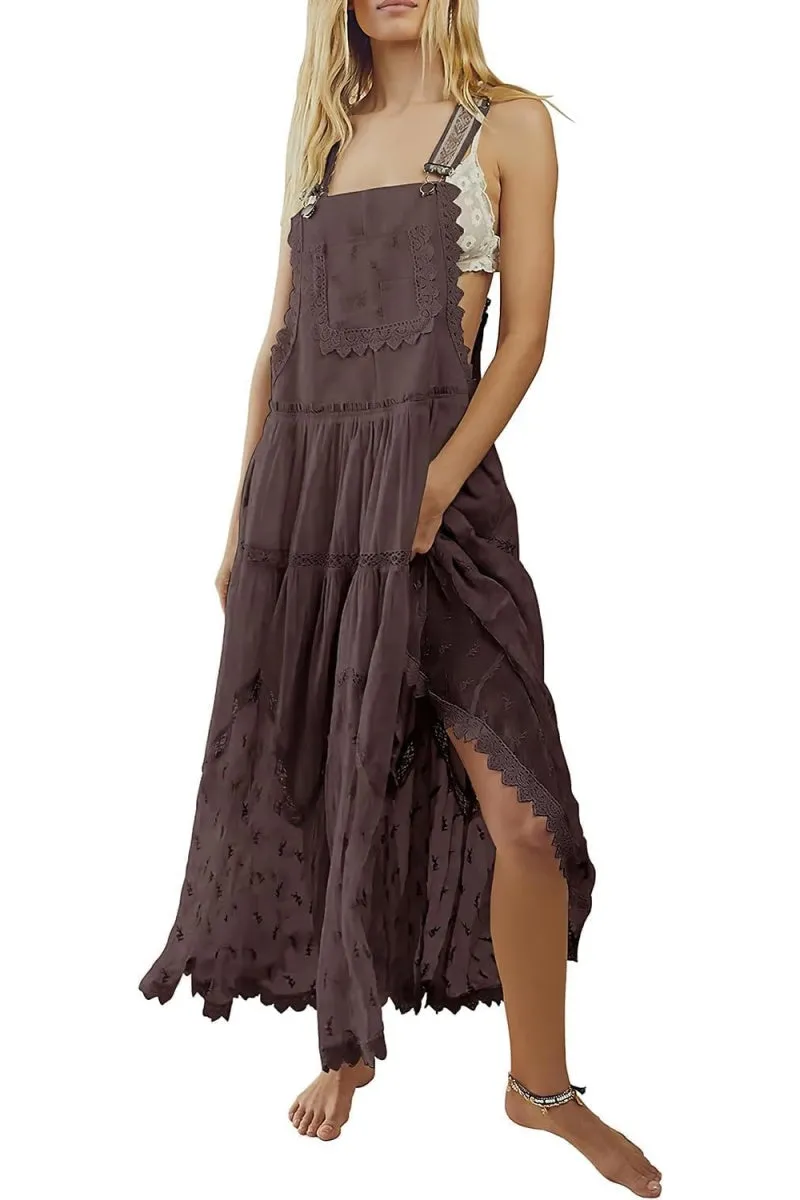 Chouyatou Women's Laced Embroidered Tulle Bib Dress Casual Loose Adjustable Straps Maxi Dress