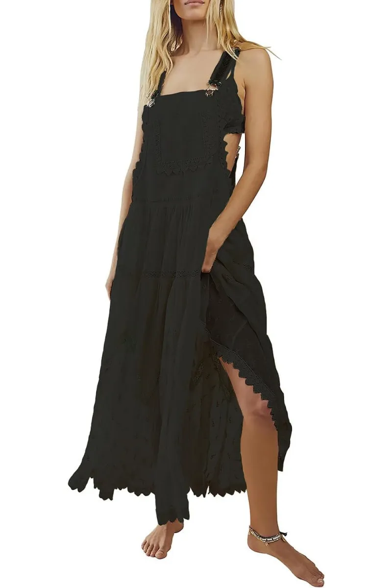 Chouyatou Women's Laced Embroidered Tulle Bib Dress Casual Loose Adjustable Straps Maxi Dress