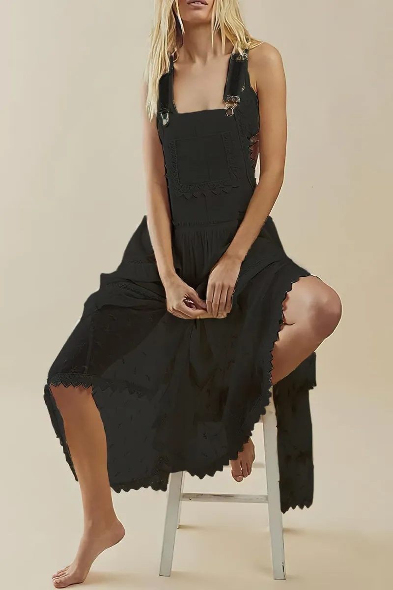Chouyatou Women's Laced Embroidered Tulle Bib Dress Casual Loose Adjustable Straps Maxi Dress
