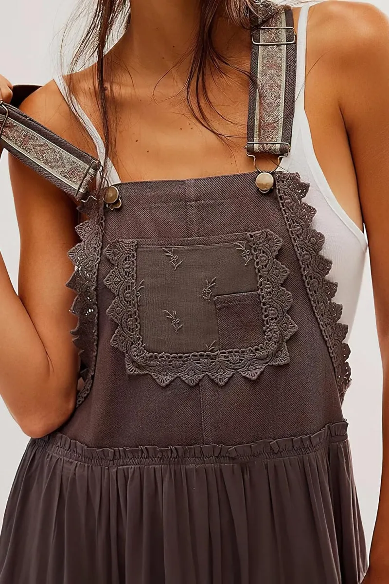 Chouyatou Women's Laced Embroidered Tulle Bib Dress Casual Loose Adjustable Straps Maxi Dress