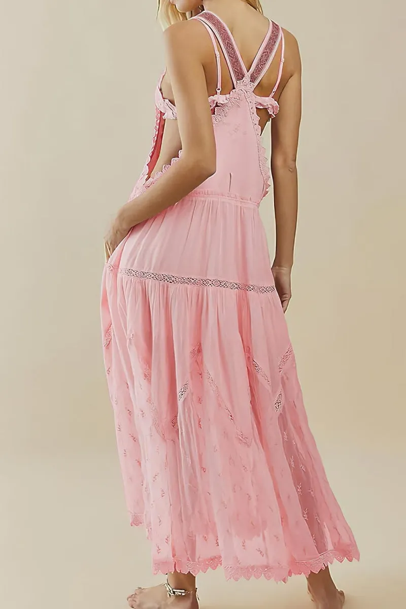 Chouyatou Women's Laced Embroidered Tulle Bib Dress Casual Loose Adjustable Straps Maxi Dress