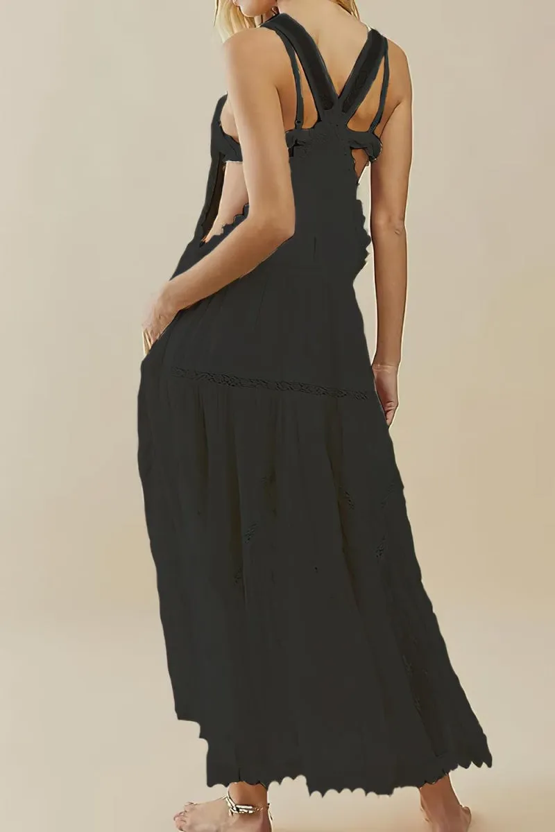 Chouyatou Women's Laced Embroidered Tulle Bib Dress Casual Loose Adjustable Straps Maxi Dress