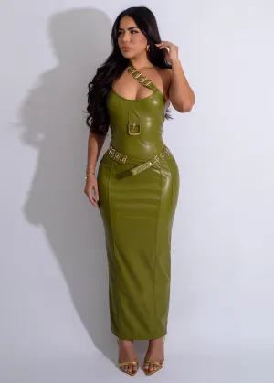City Sleek Utility Faux Leather Midi Dress Green