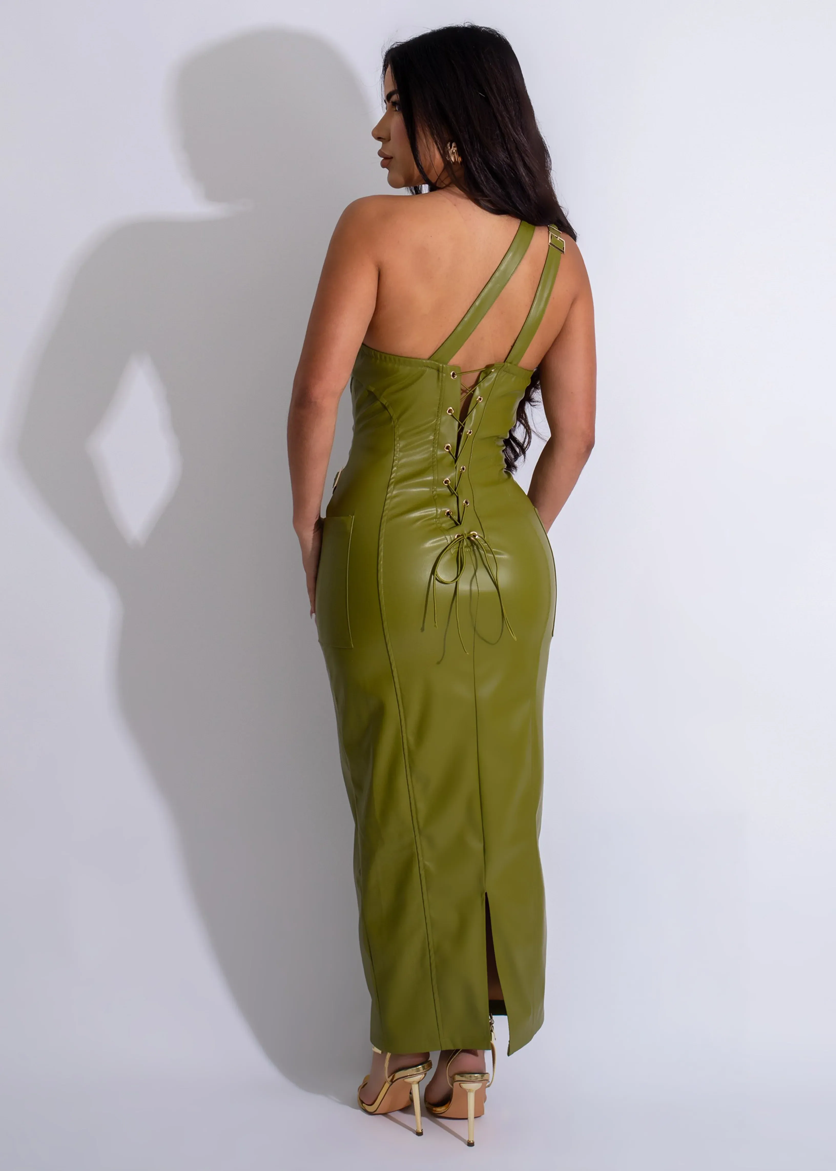 City Sleek Utility Faux Leather Midi Dress Green