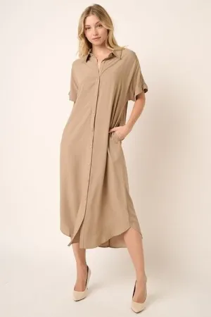 Collared Neck Dolman Short Sleeve Midi Shirt Dress