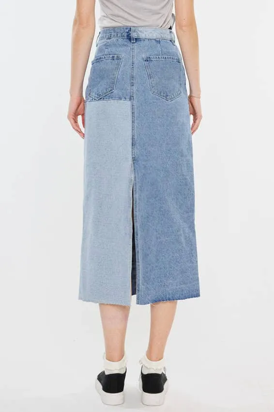 Color Block Denim Midi Skirt