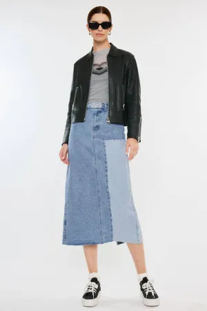 Color Block Denim Midi Skirt