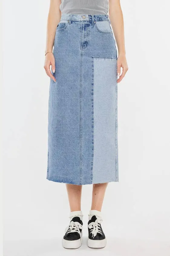 Color Block Denim Midi Skirt