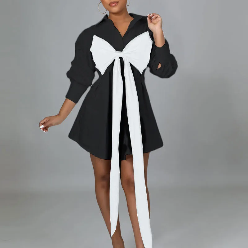 Colorblock Long Sleeve Bowknot Decoration Blouse