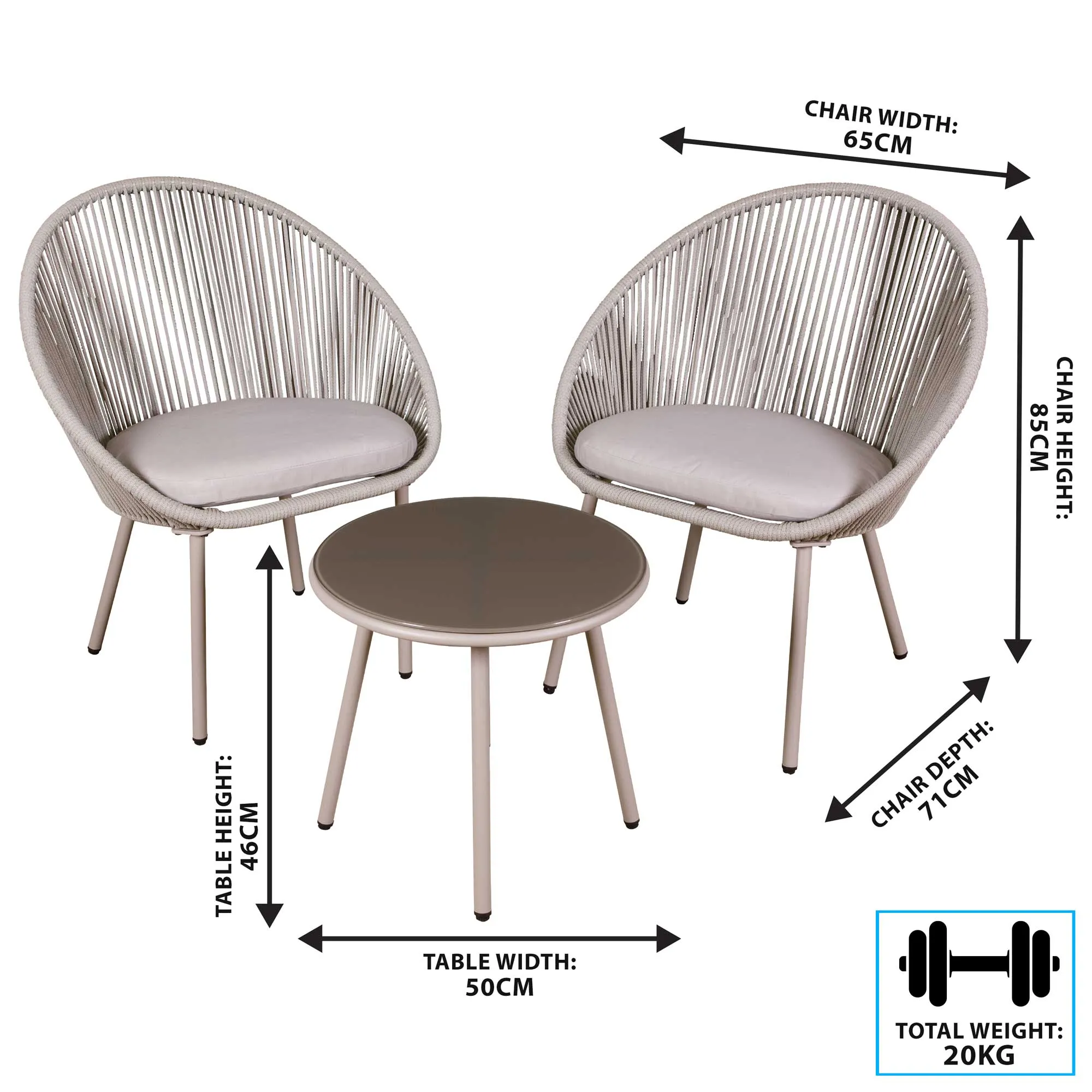 Como 3 Piece Steel Bistro Set with Tempered Glass Top, Grey - DG55