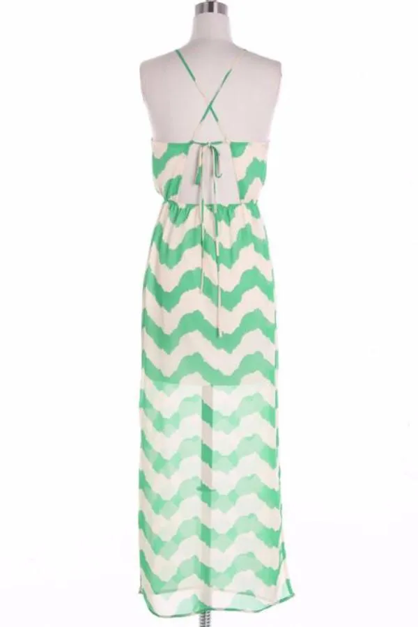 Coral Chevron Maxi Dress with Cross Strapes