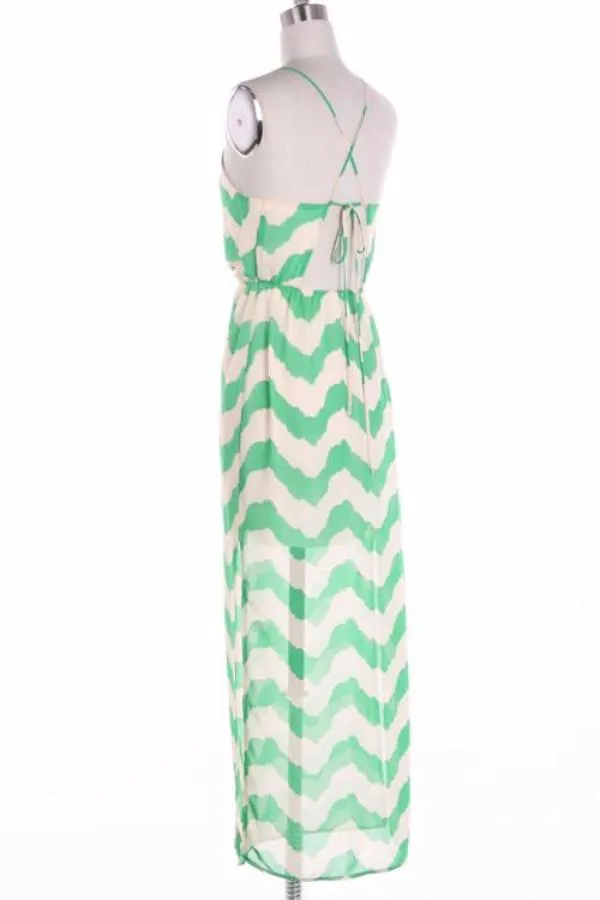 Coral Chevron Maxi Dress with Cross Strapes