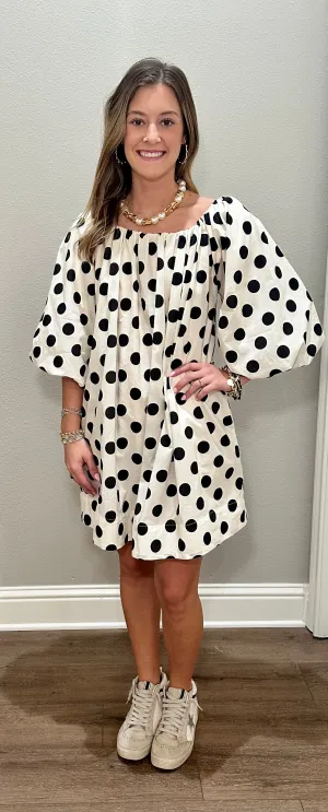 Cream & Black Polka Dot Bubble Sleeve Dress