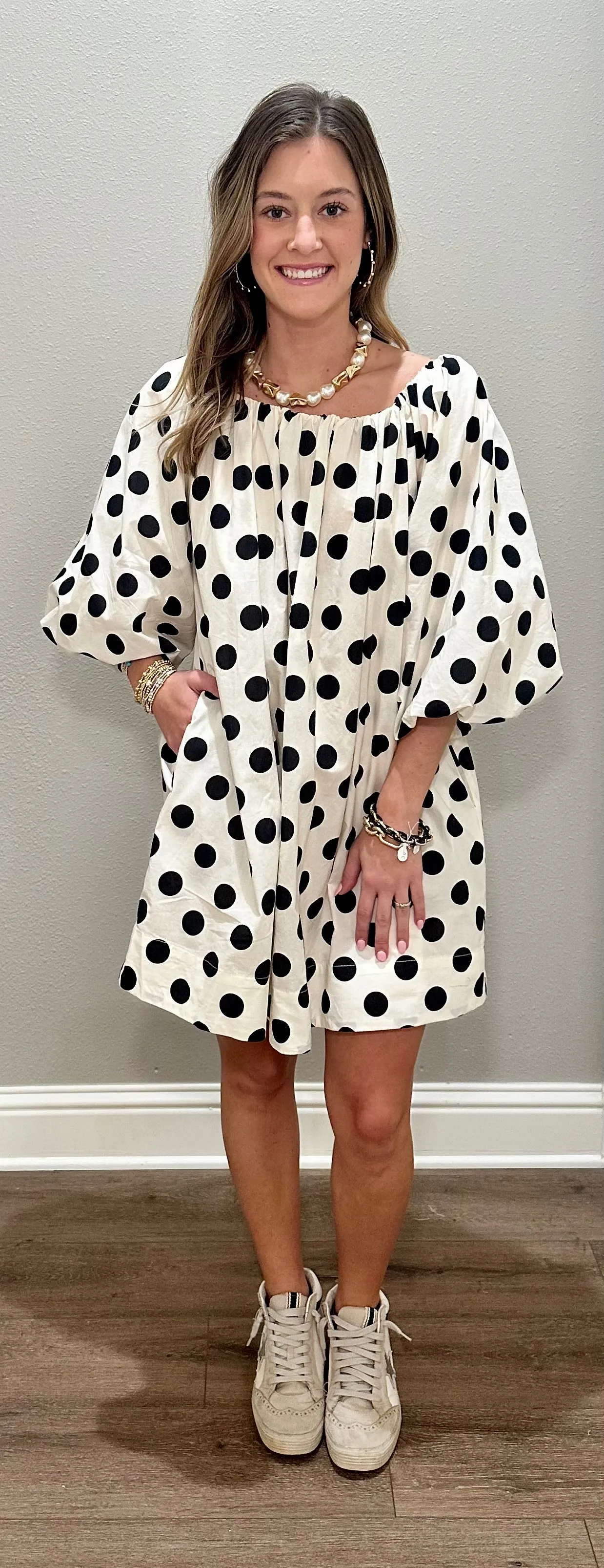 Cream & Black Polka Dot Bubble Sleeve Dress