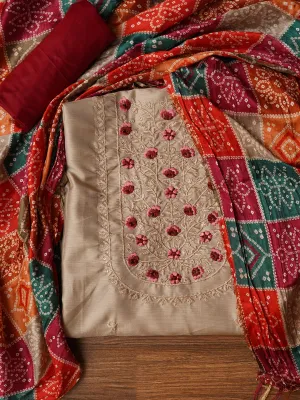 Cream Unstitched Printed Pure Cotton Dress Material With Dupatta