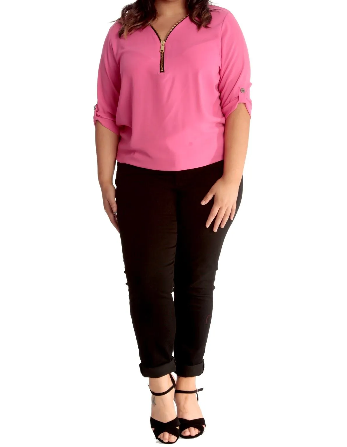 Curved Hem Crepe Top 3/4 Sleeve Plain