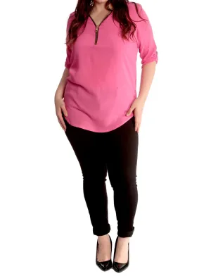 Curved Hem Crepe Top 3/4 Sleeve Plain