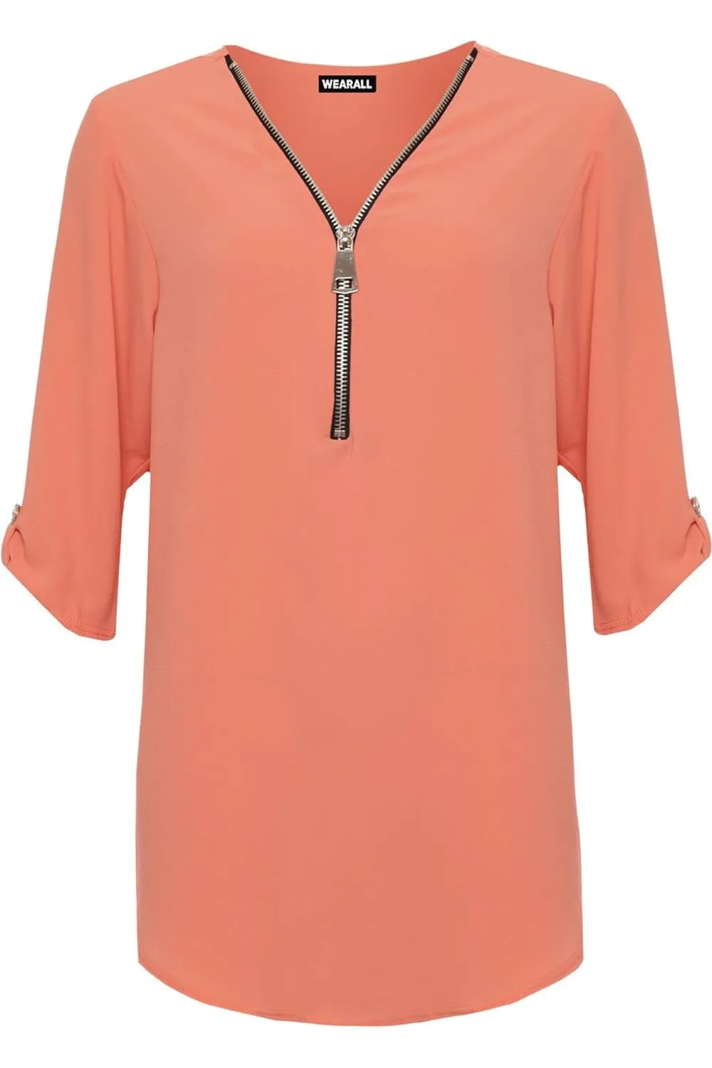 Curved Hem Crepe Top 3/4 Sleeve Plain