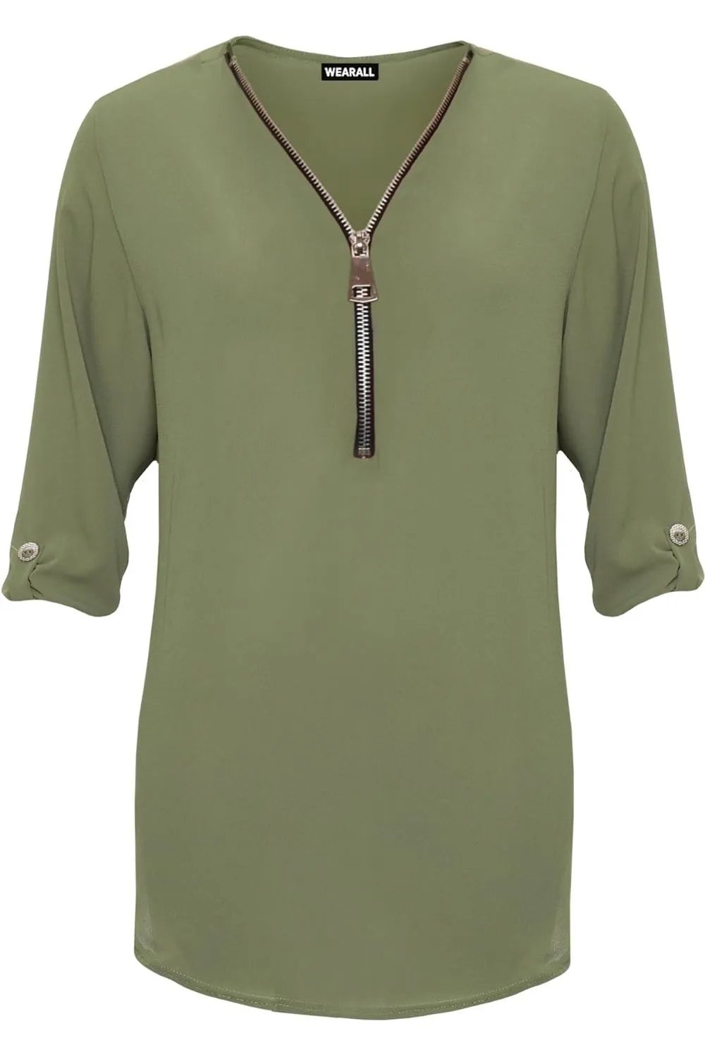 Curved Hem Crepe Top 3/4 Sleeve Plain