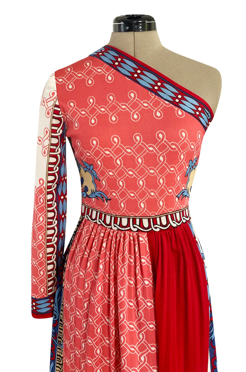 Cutest 1970s Paganne One Shoulder Red Pink & Blue Printed Jersey Dress w Swingy Skirt