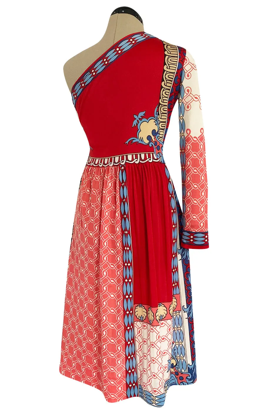 Cutest 1970s Paganne One Shoulder Red Pink & Blue Printed Jersey Dress w Swingy Skirt