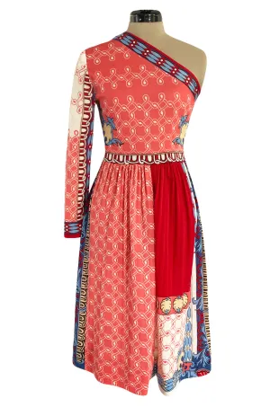 Cutest 1970s Paganne One Shoulder Red Pink & Blue Printed Jersey Dress w Swingy Skirt