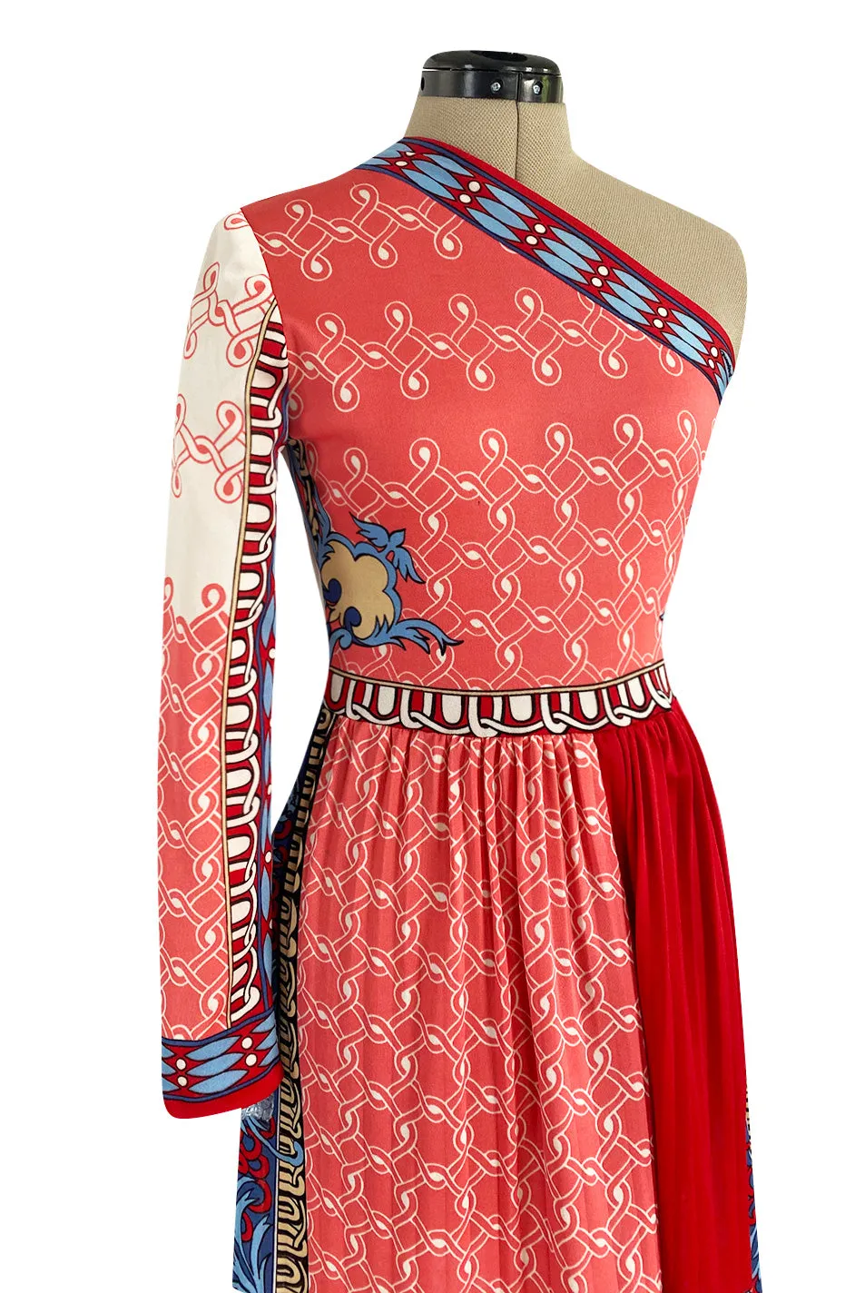 Cutest 1970s Paganne One Shoulder Red Pink & Blue Printed Jersey Dress w Swingy Skirt