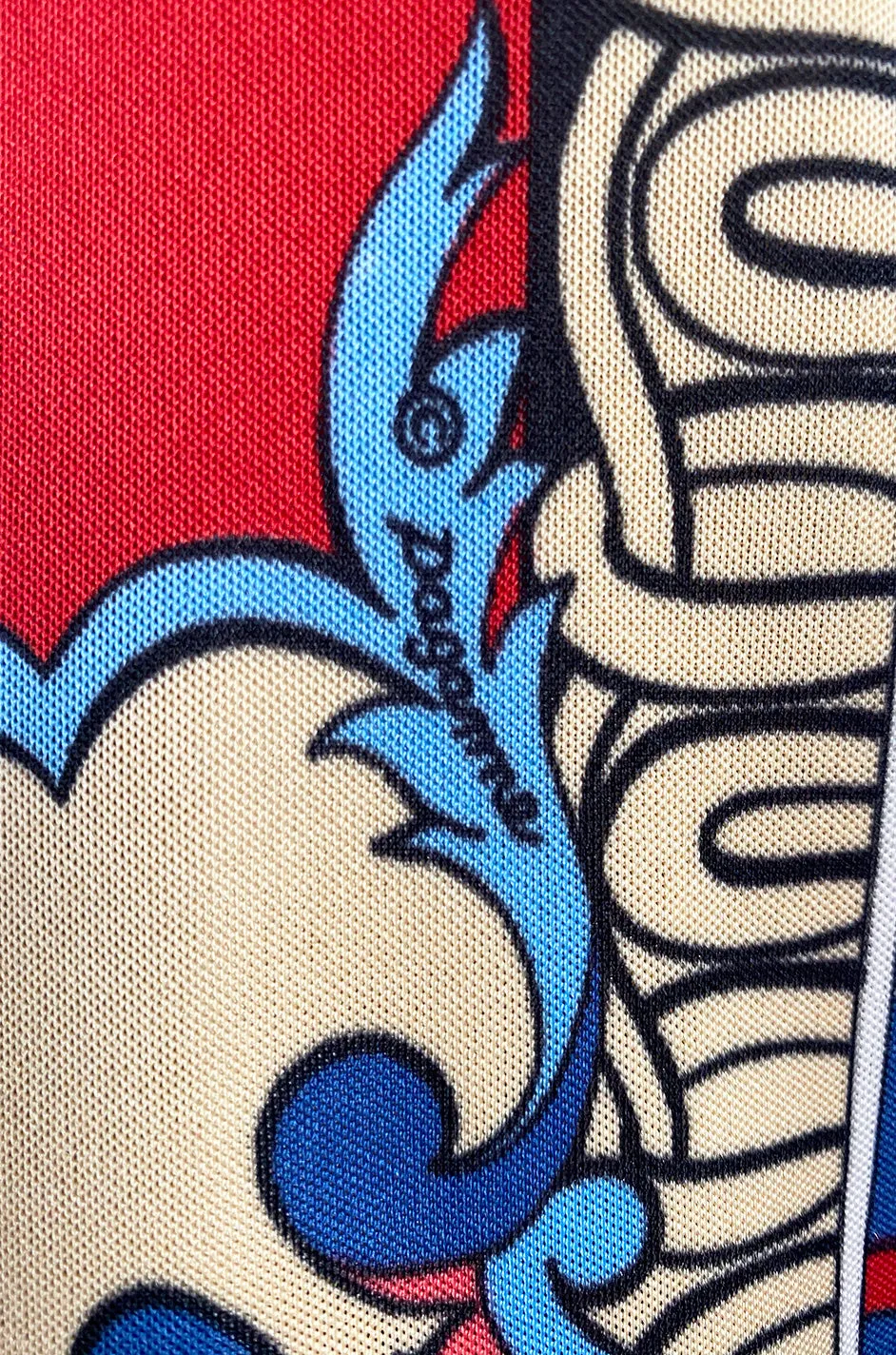 Cutest 1970s Paganne One Shoulder Red Pink & Blue Printed Jersey Dress w Swingy Skirt