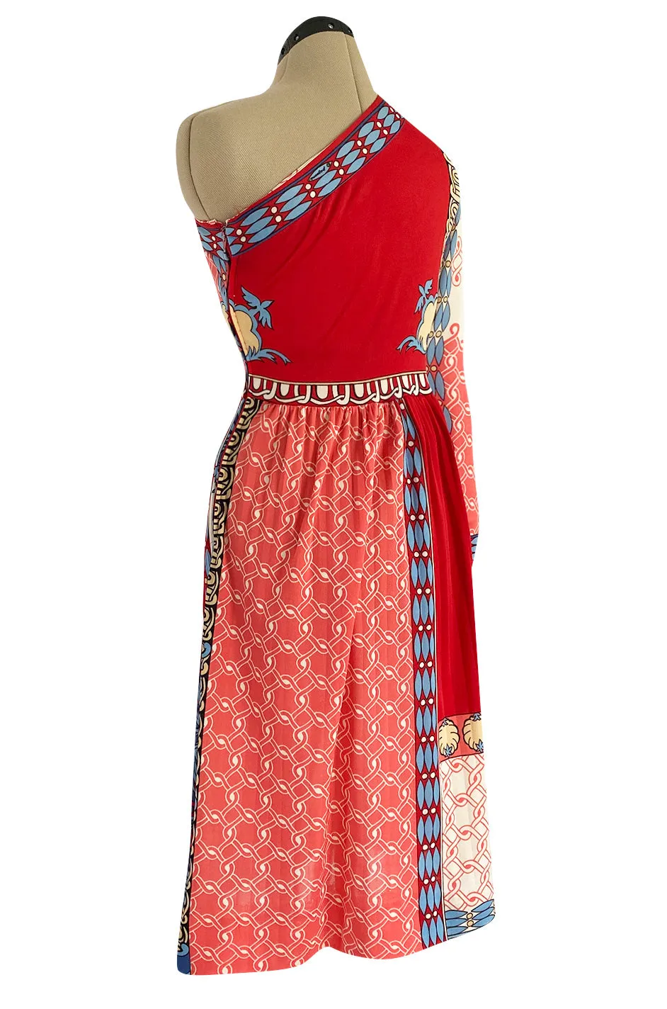 Cutest 1970s Paganne One Shoulder Red Pink & Blue Printed Jersey Dress w Swingy Skirt