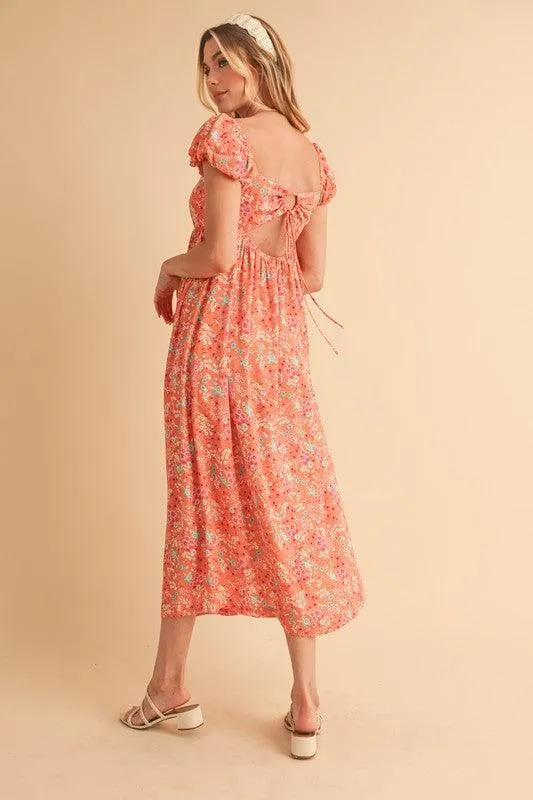 Cutout Back Floral Square Neck Puff Sleeve Midi Dress