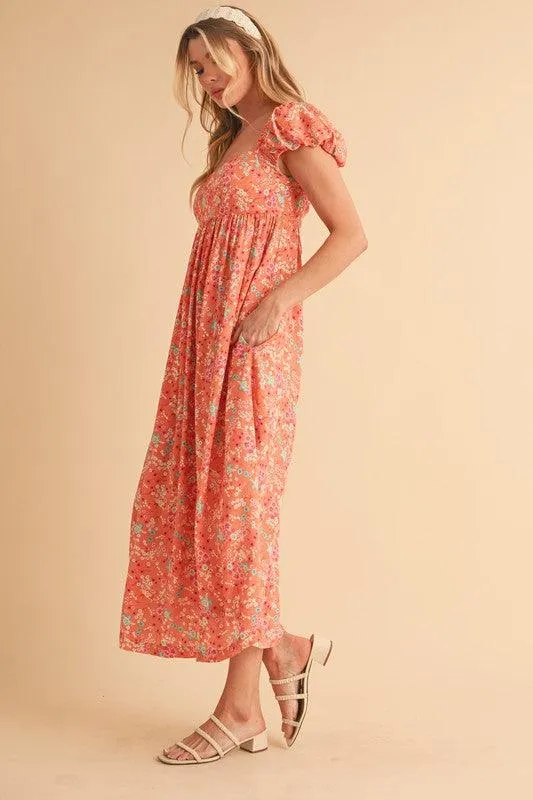 Cutout Back Floral Square Neck Puff Sleeve Midi Dress