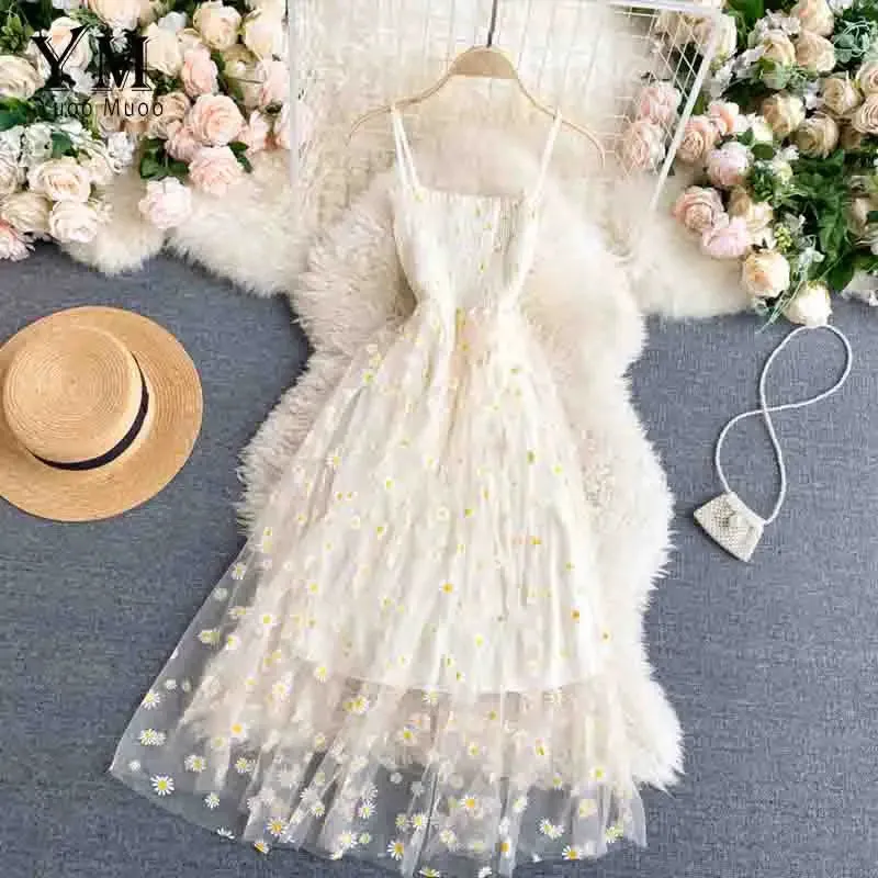 Daisy Flower Print Mesh Party Dress | Summer Spaghetti Strap Midi Dress | Beach Vacation Vestidos