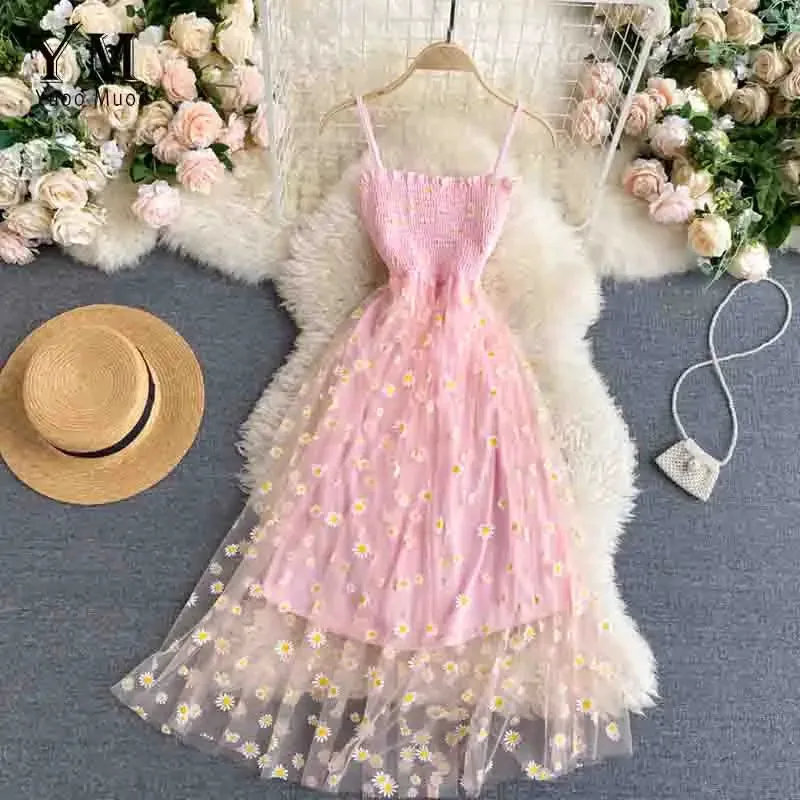 Daisy Flower Print Mesh Party Dress | Summer Spaghetti Strap Midi Dress | Beach Vacation Vestidos
