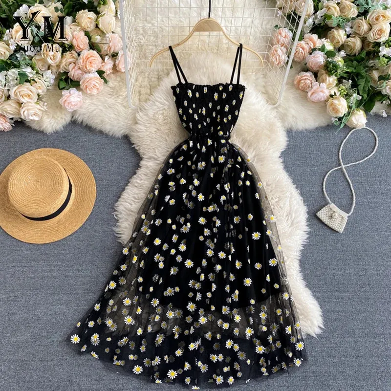 Daisy Flower Print Mesh Party Dress | Summer Spaghetti Strap Midi Dress | Beach Vacation Vestidos