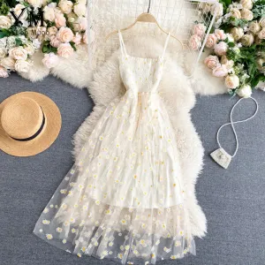 Daisy Flower Print Mesh Party Dress | Summer Spaghetti Strap Midi Dress | Beach Vacation Vestidos