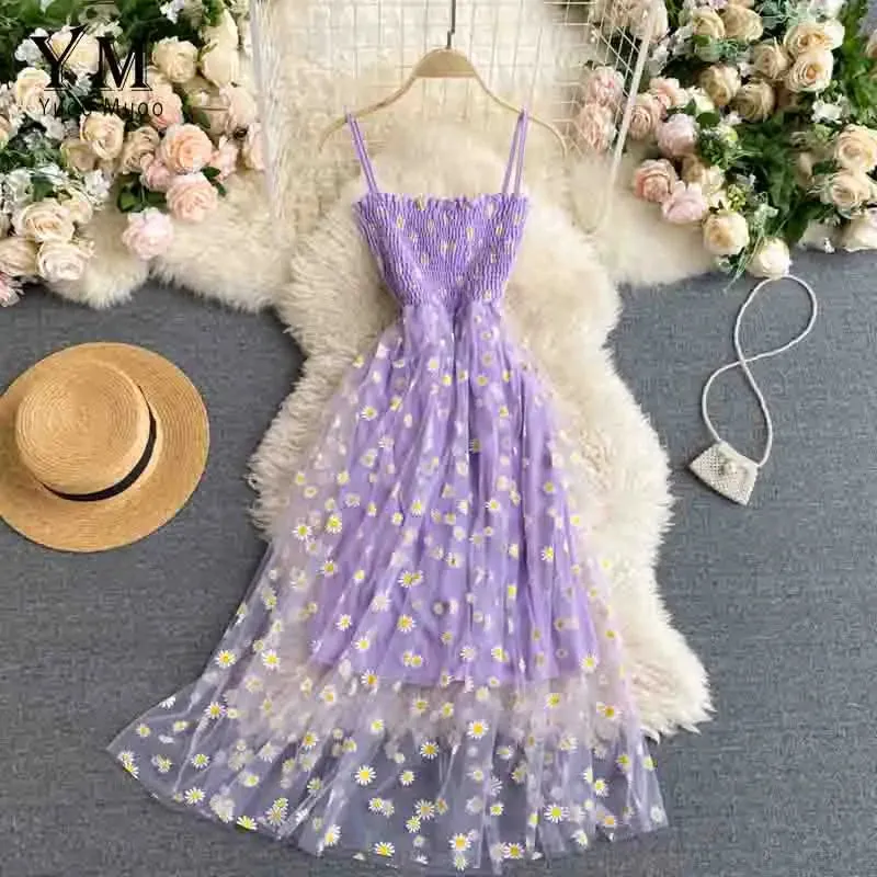 Daisy Flower Print Mesh Party Dress | Summer Spaghetti Strap Midi Dress | Beach Vacation Vestidos