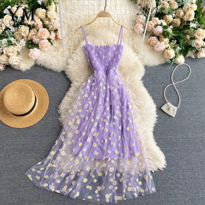 Daisy Flower Print Mesh Party Dress | Summer Spaghetti Strap Midi Dress | Beach Vacation Vestidos