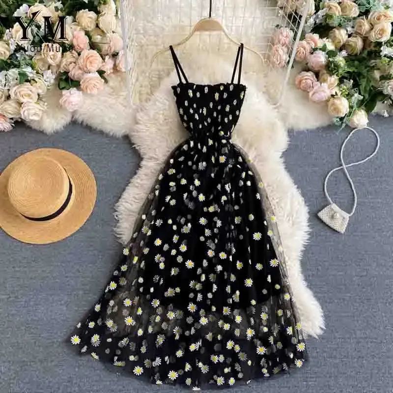 Daisy Flower Print Mesh Party Dress | Summer Spaghetti Strap Midi Dress | Beach Vacation Vestidos