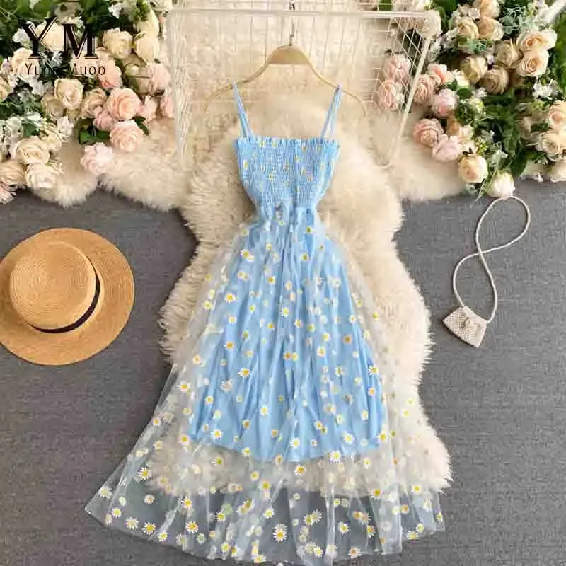 Daisy Flower Print Mesh Party Dress | Summer Spaghetti Strap Midi Dress | Beach Vacation Vestidos