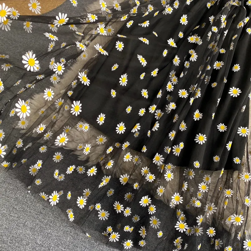 Daisy Flower Print Mesh Party Dress | Summer Spaghetti Strap Midi Dress | Beach Vacation Vestidos