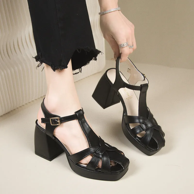 DEANWANGK  Closed Toe Hollow-out Roman Style High Heels Women's  Spring New Fashion Square Toe Hollow Chunky Heel Ankle-Strap Buckle Sandals