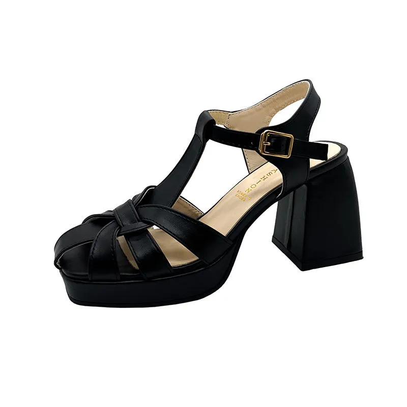 DEANWANGK  Closed Toe Hollow-out Roman Style High Heels Women's  Spring New Fashion Square Toe Hollow Chunky Heel Ankle-Strap Buckle Sandals