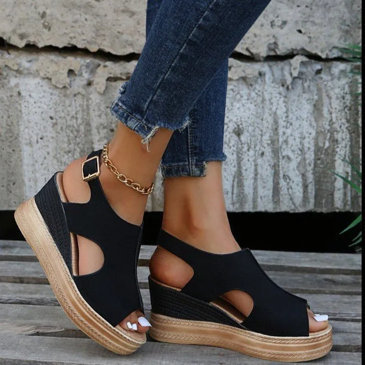 DEANWANGKT  Cross-Border  Summer New Peep Toe plus Size Foreign Trade Wedge Open Toe Buckle Roman Style High Heel Sandals