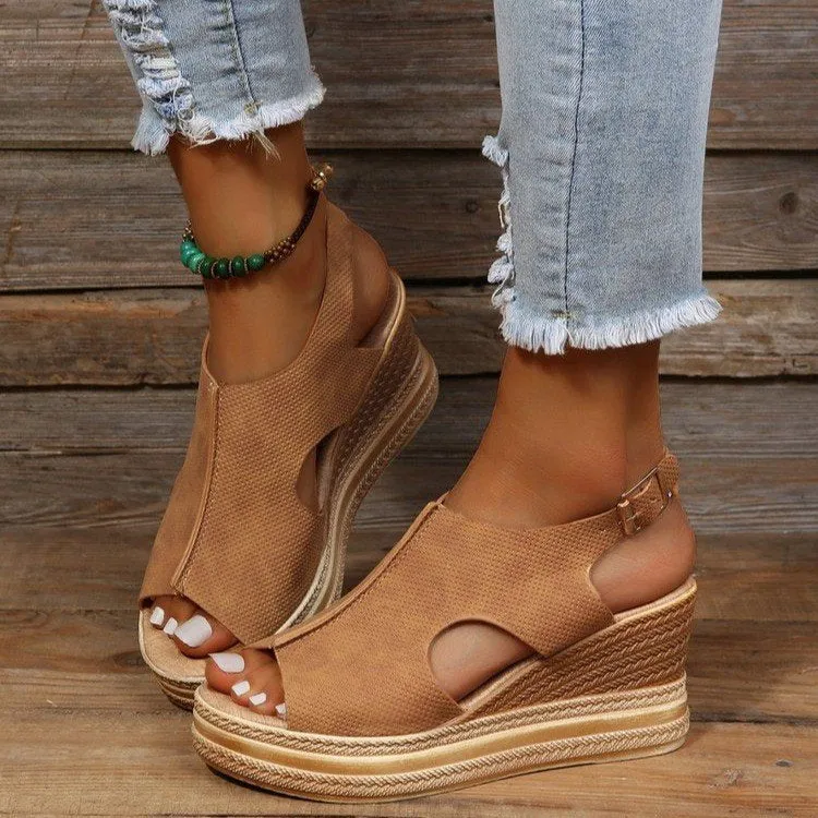 DEANWANGKT  Cross-Border  Summer New Peep Toe plus Size Foreign Trade Wedge Open Toe Buckle Roman Style High Heel Sandals